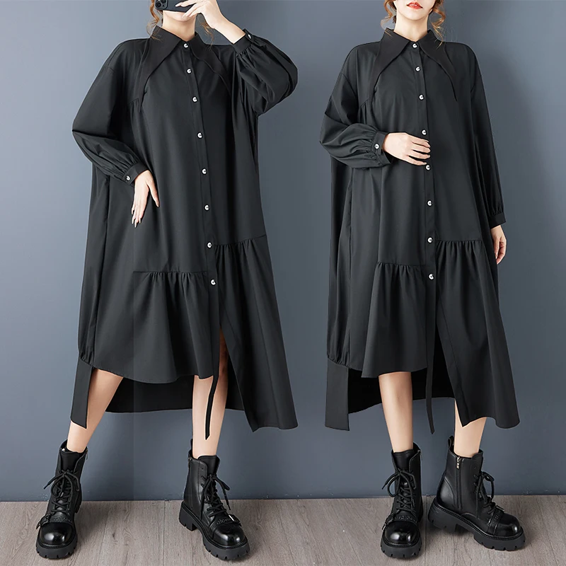 فستان ربيعي أنيق بتصميم غير منتظم وخصر فضفاض يُظهر النحافة، مقاس كبير، فستان قميص بطول الركبة مع أزرار #2