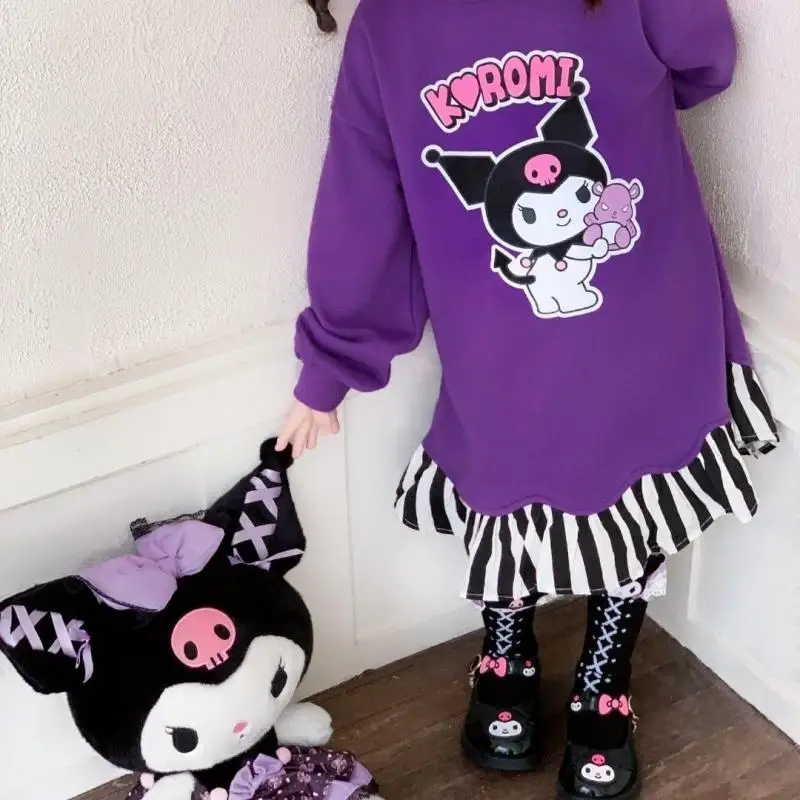 Herbst und Winter Mädchen Sweatshirt Kleid Cartoon Kuromi Langarm Kleid Vielseitiges mittellanges T-Shirt Rock Prinzessin Kleid