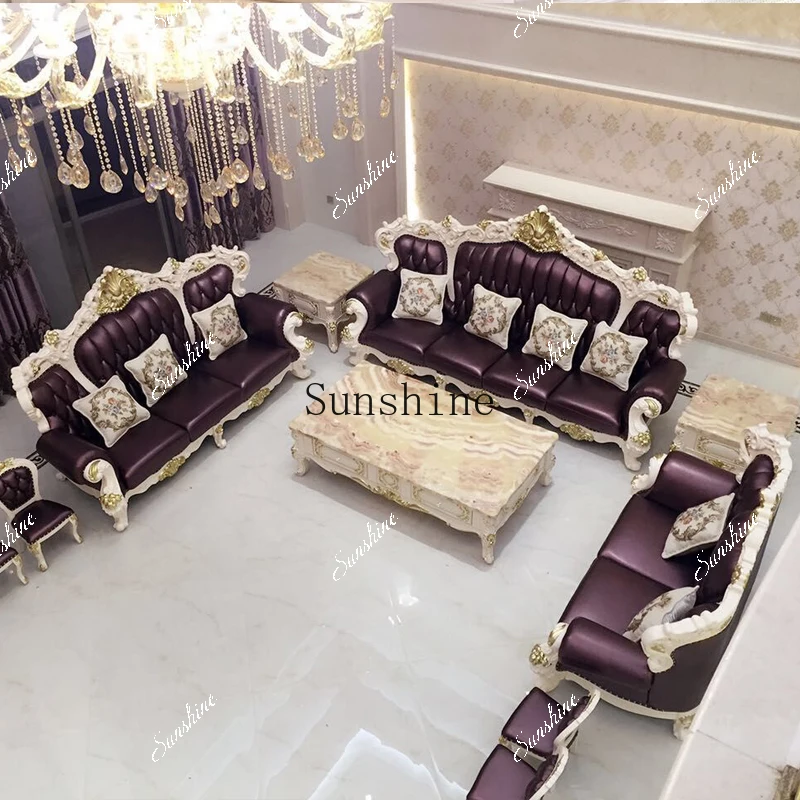 European leather three-person fuchsia large living room villa luxury high-end sofa TF