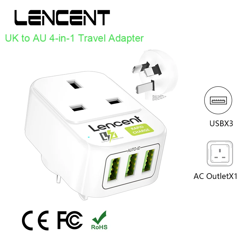 LENCENT wielkiej brytanii do australii przejściówka Adapter z 3 porty USB 5V/2.4A uziemione australijski Adapter podróżny dla australii 4-in-1 gniazdo
