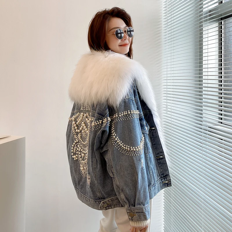 デニムジャケット レディース 本物のファー襟付き 女性用冬用パーカー 新しいフォックスファーコート ビーズ付き 取り外し可能なダウンライナー ストリートウェア 女性用