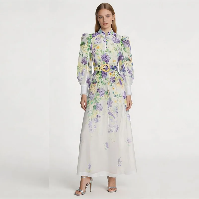 Iridesse 2026 Spring, Oil Paint, Grapes Fruit Print, Lace Trim, Puff Sleeve, High Quality Dress, for Women, Vintage Dress view 5