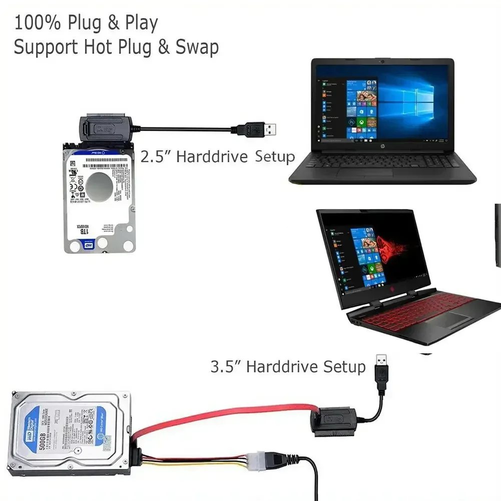 كابل محول SATA إلى USB 2 SATA IDE محول PATA IDE إلى USB لمحرك الأقراص الصلبة SSD 2.5 3.5 بوصة مع محول تيار متردد يدعم نظام التشغيل Windows MAC OS