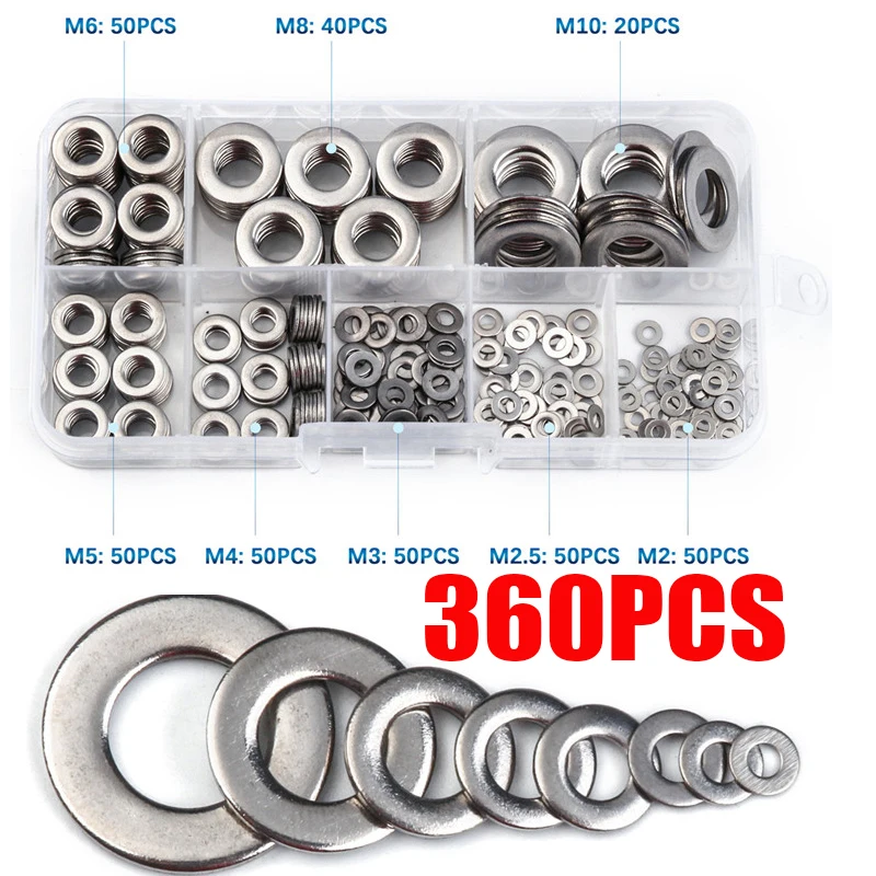 

360pcs Stainless Steel Sealing Solid Gasket Washer M2 M2.5 M3 M4 M5 M6 M8 M10 Sump Plug Oil For General Repair Seal Ring Set