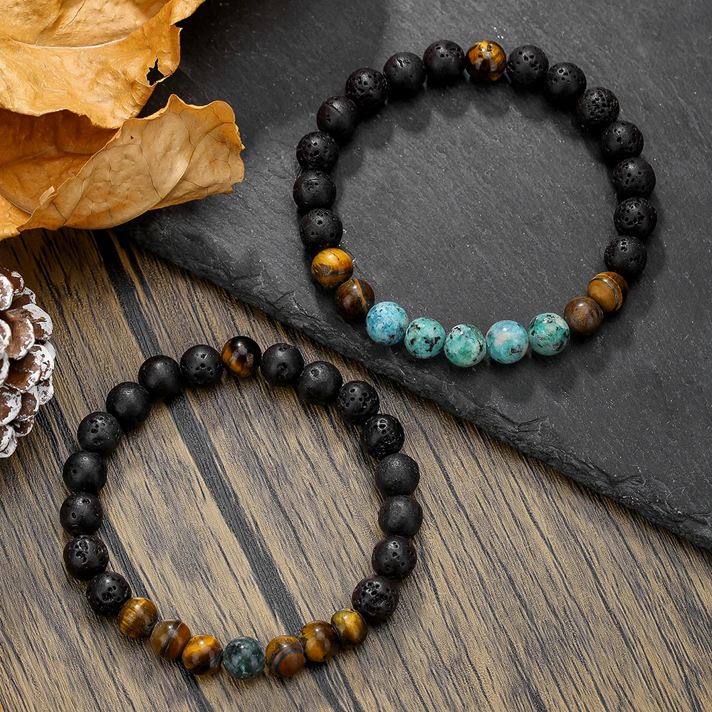 Punk Hip Hop Style Yellow Tiger Eye Volcanic Stone Beaded Bracelet 2-Piece Men's Natural Stone Bracelet Trend Men's Jewelry