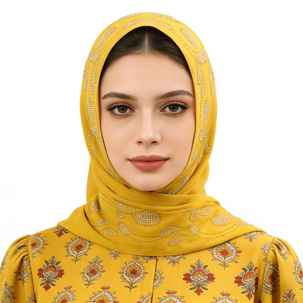 

New Chiffon Long Scarf,Leaf Rhinestone Design,Versatile Accessory Headscarf,Islamic Hijab,Muslim Fashion,70x170cm,Not Stuffy