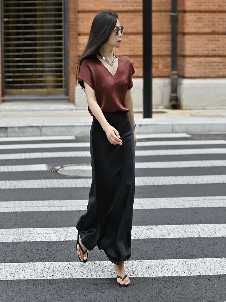 

Ele Tee-acetate Satin Fi-tail Skirt Women's Midi Dr Slimming Dra Sle Commute Simple Mid-waist Long A-line