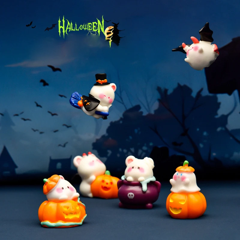 Mini Halloween Ornament Cartoon Pumpkin Ghost Broom Witch Figurine Micro Landscape Car Interior Home Desktop Decoration