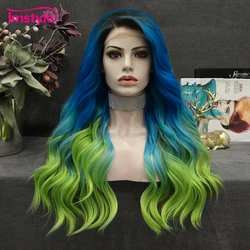 Imstyle Ombre Blue Wig Green Synthetic Lace Front Wig Natural Wavy Wigs For Women Two Tone Heat Resistant Fiber Cosplay Wig