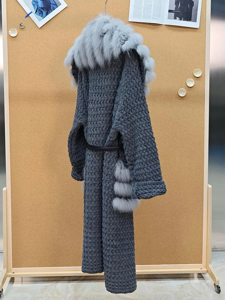 New Arrival Women Winter Coffee Big Real Fox Fur Collar Sweater Coat Lady's Thick Slim Belt Sweater Knitted Coat