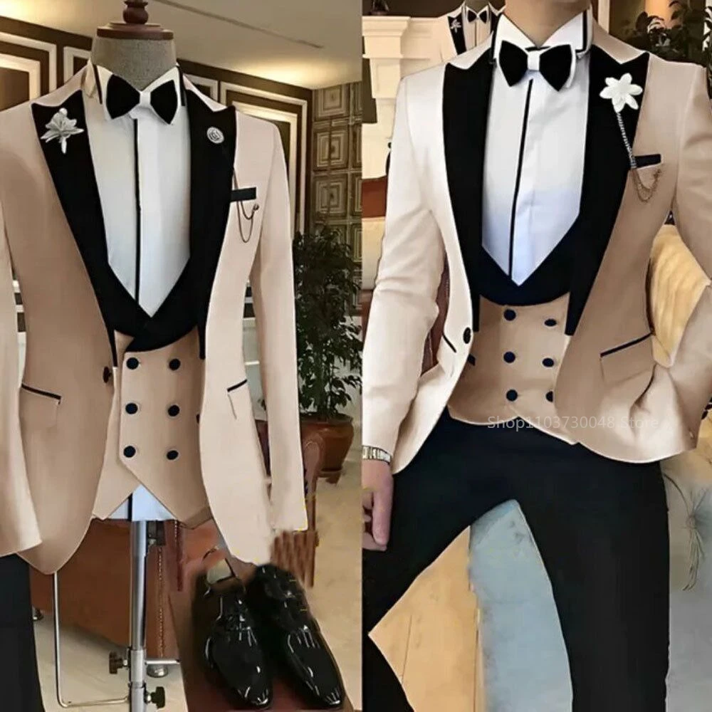 Latest Solid Formal Men\'s Wedding Suit Slim Fit Elegant Groom Tuxedos Business Party Suits 3 Pieces Sets (Jacket+Vest+Pants)