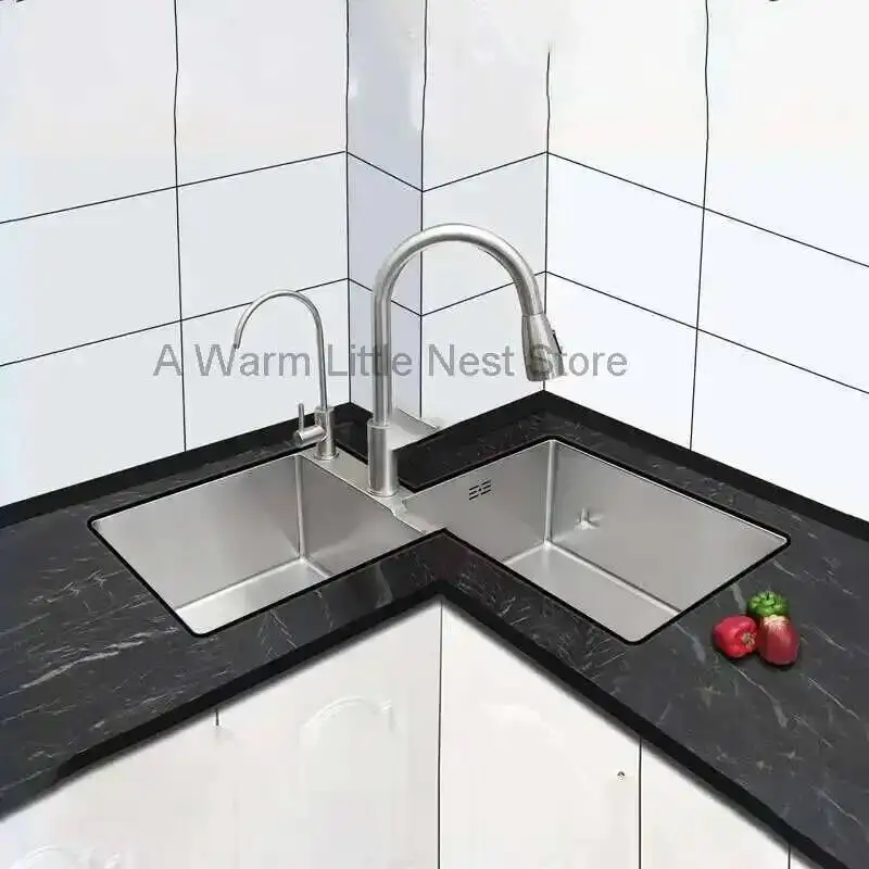 

Home Modern Stainless Steel Kitchen Sinks Kitchen Novel Kitchen Accessories Large Double Slot Corner Special-shaped Kitchen Sink
