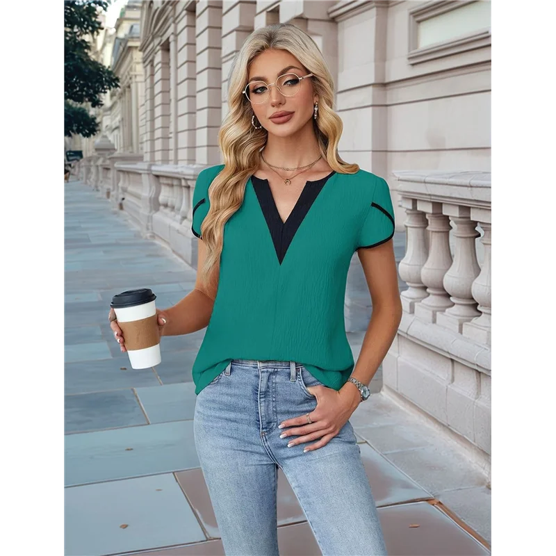 تي شيرت نسائي بأكمام بتلات ورقبة على شكل حرف V كاجوال تي شيرت صيفي أساسي #4