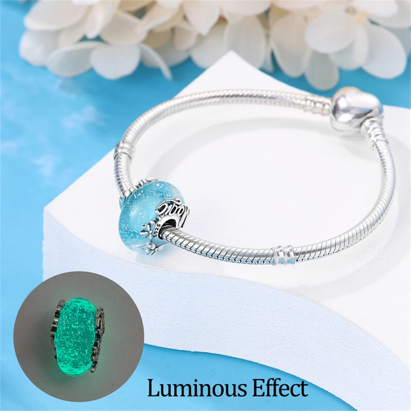 Fashion 925 Sterling Silver Colorful Flower Feather Ocean Luminous Glass Charms Beads Fit Qikaola Original Bracelets DIY Jewelry