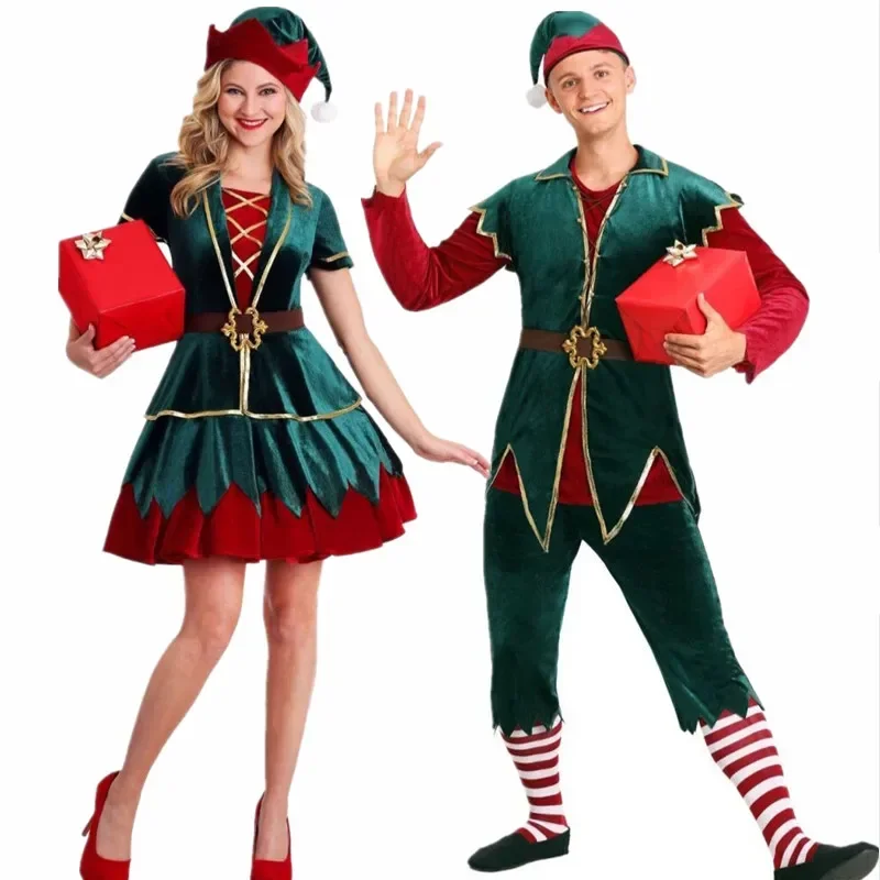 Costume d'Elfe Vert de Noël pour Homme et Femme, Cosplay de Famille, Nouvel An, Vêtements de ix, Père Noël, Aide, Couple Imbibé