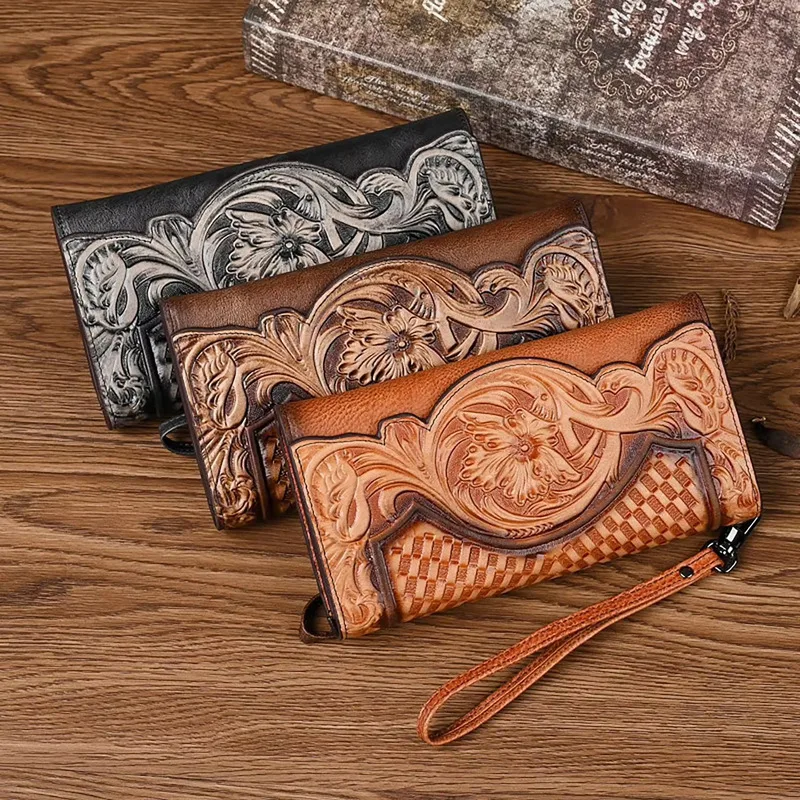 MOTAORA Vintage Embossed Women's Wallet Genuine Leather Long Ladies Wallets For Woman Purse Organizer Clutch Bag With Wristlet