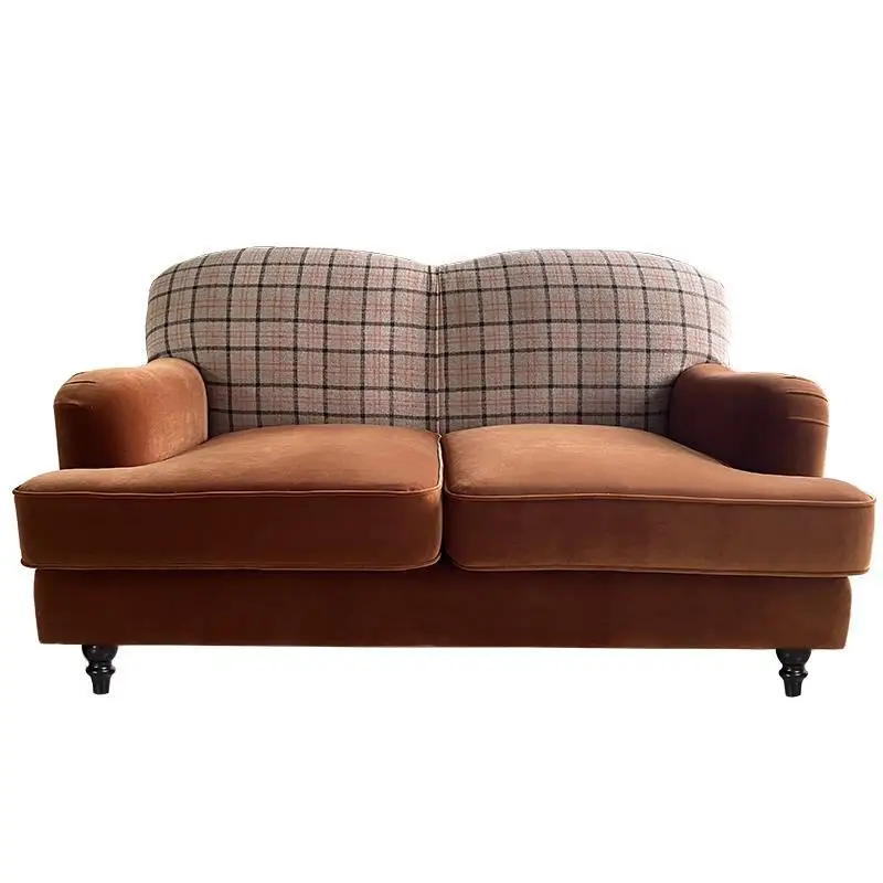 Retro French, medieval American, pastoral plaid sofa, small apartment living room, fabric double sofa