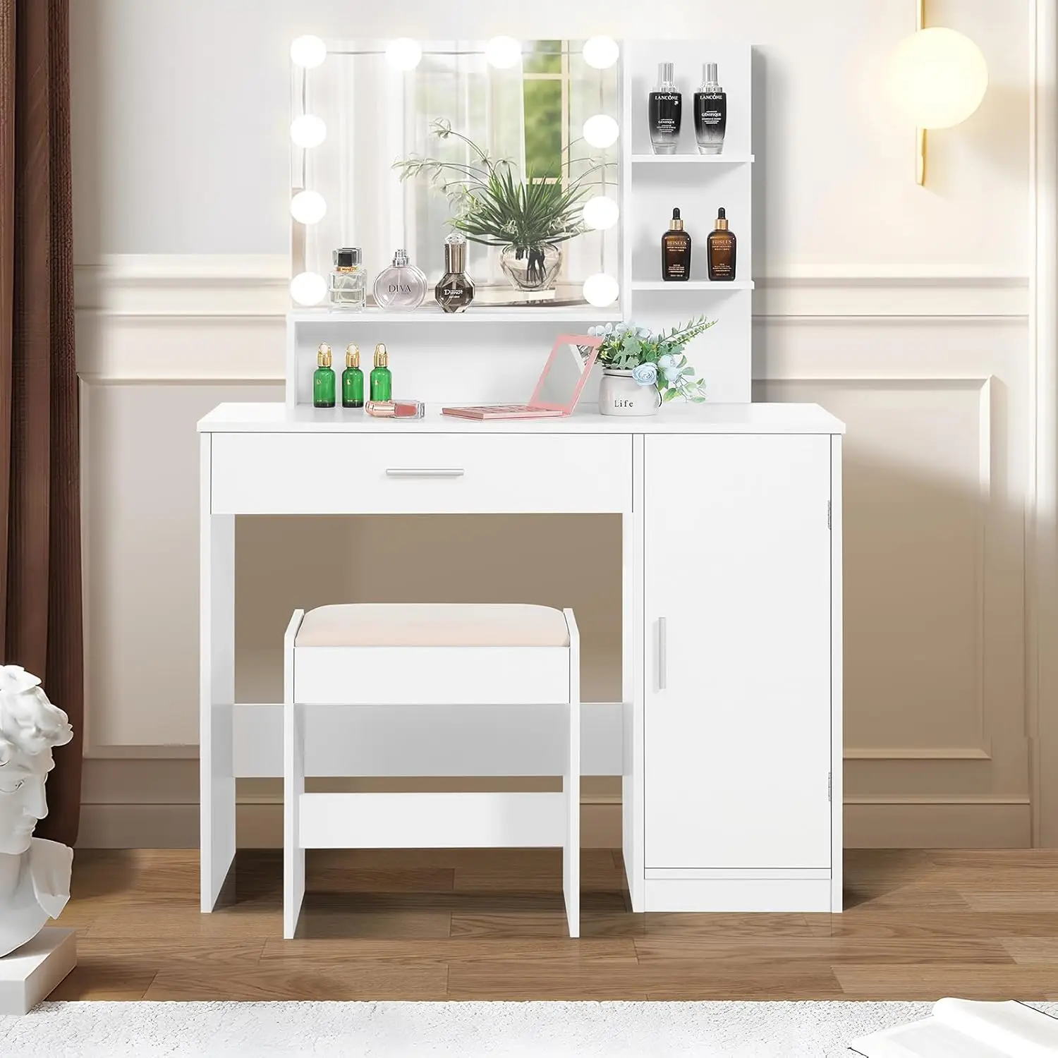 

Makeup Vanity Desk for Valentine's Day, Vanity Desk Set with 1 Drawer, 1 Cabinet & 3 Shelves, Makeup Vanity Table with Stool for