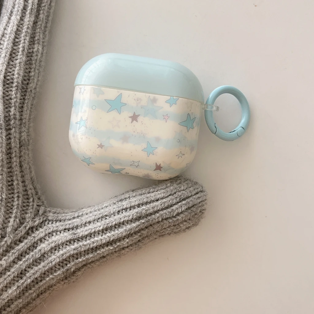 Korean Style Blue Star Cute Transparent Love Pendant Earphone Case Cover for AirPods 1 or 2 3 4 Pro 2 Pro 3