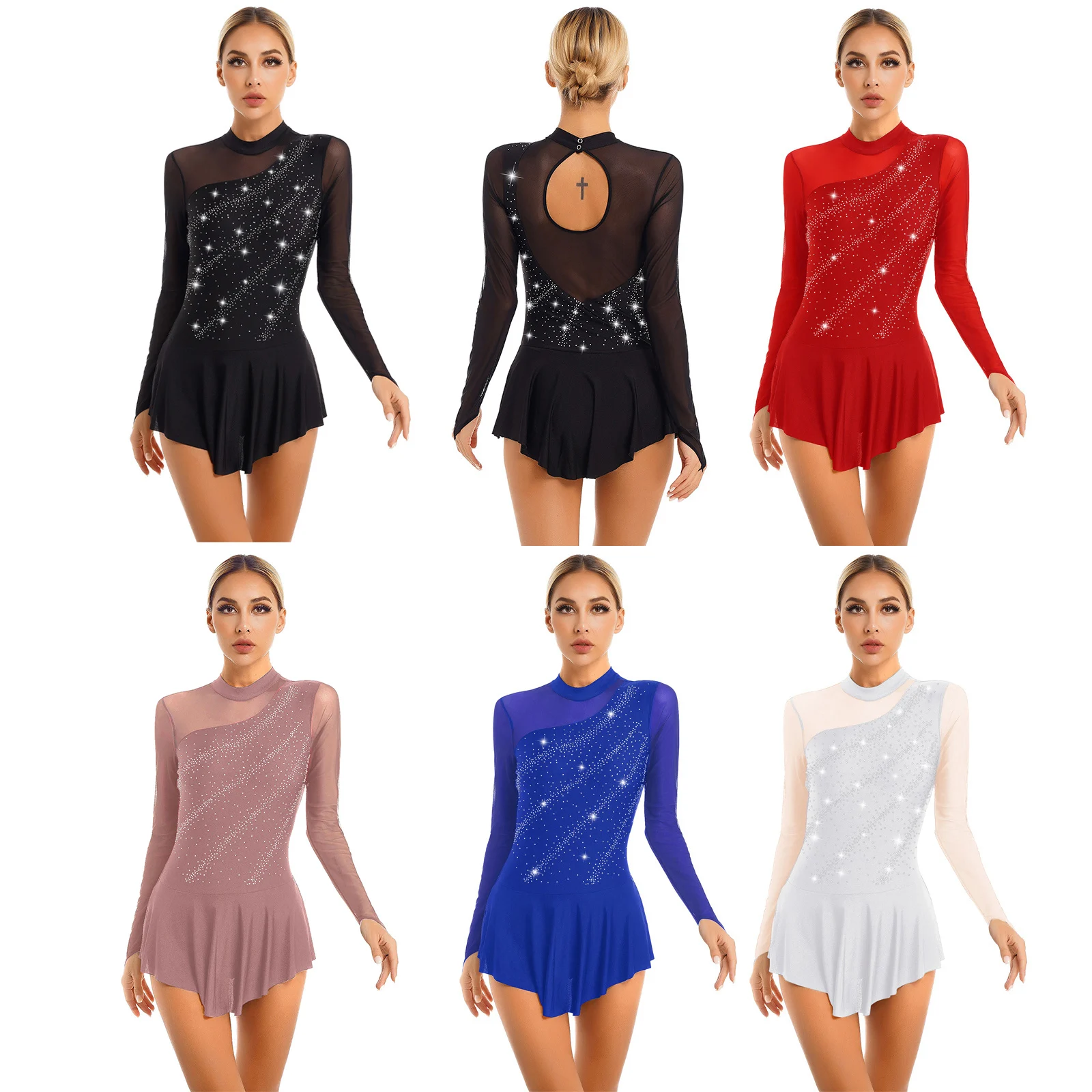 Women Figure Skating Dance Dresses Glitter Rhinestone Sheer Mesh Patchwork Long Sleeve Leotard Dress