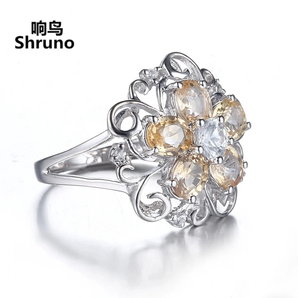 Shruno Solid 14k au585 White Gold Flawless Genuine Citrine Diamonds Engagement Ring Women Band Trendy Fine Jewelry Anniversary