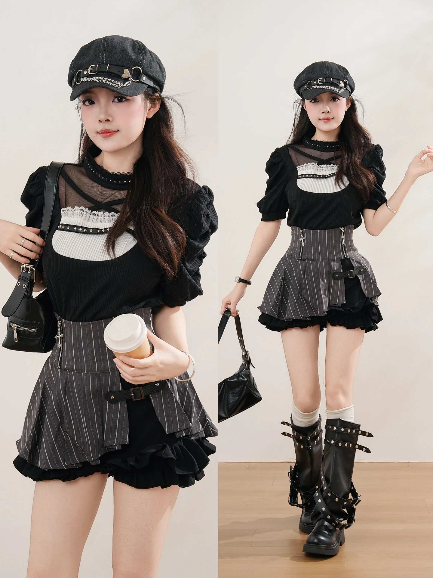 

Forest Dark Sweet Cool Bubble Sleeve Top Waist-Cinching Pants Set Women Summer Two-Piece Suit High Waist Striped T-Shirt
