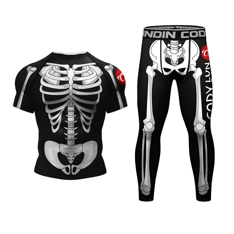 Skull Mma Compression T Shirts+Pants Rashguard Men Boxing Fightwear Thai MMA Kickboxing Shorts Grappling Dummy bjj Sport Shirts