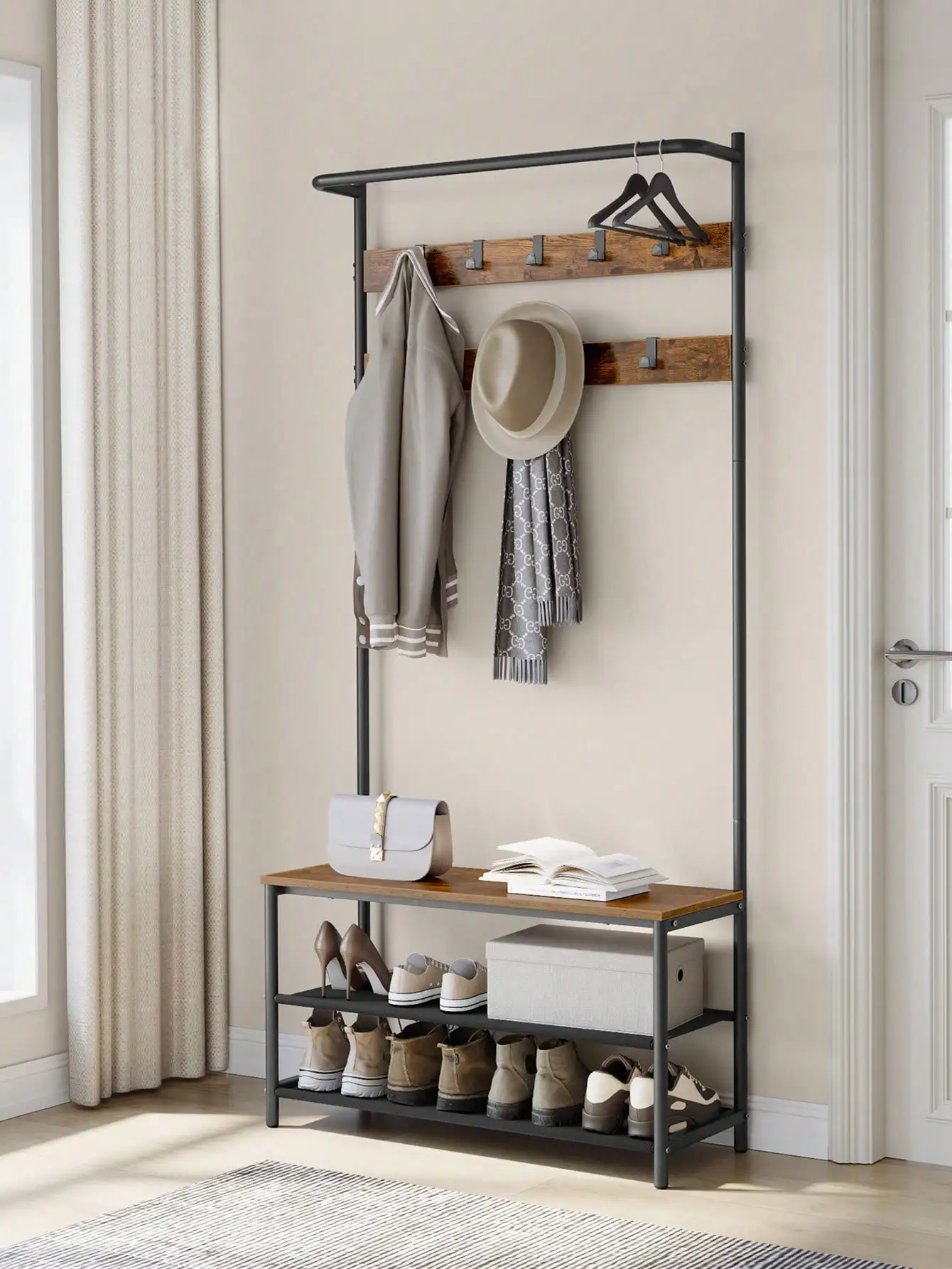 VASAGLE Appendiabiti con portascarpe, panca per ingresso, 9 ganci, barra superiore, 32,2 x 84 x 180