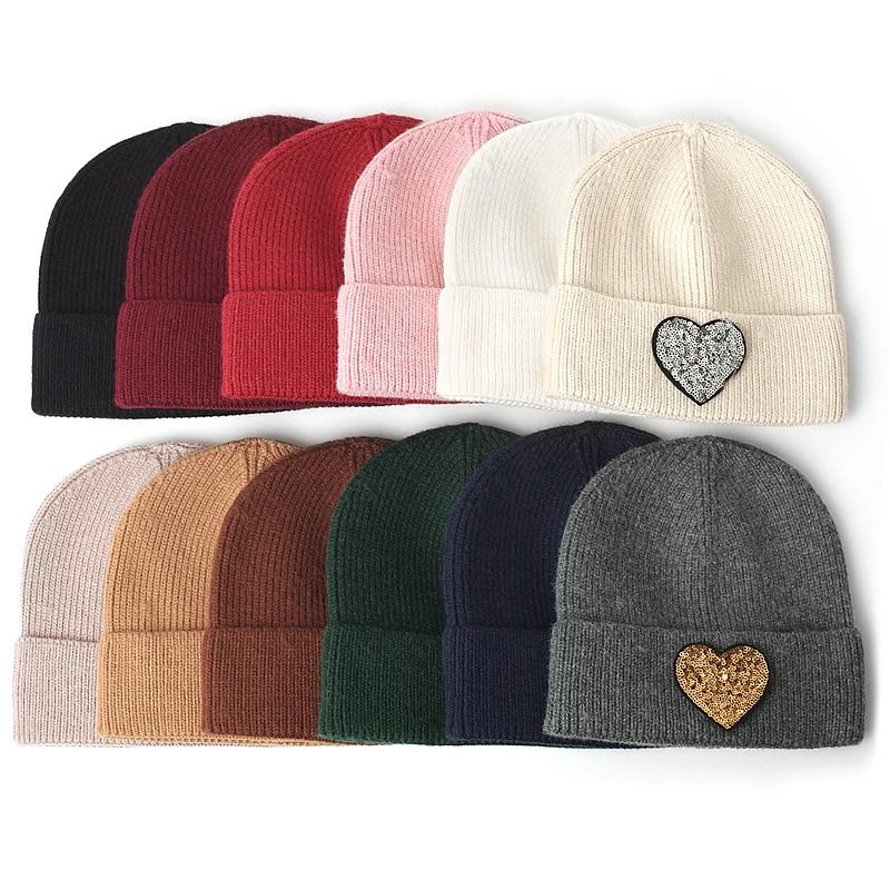 Women Retro Sequin Hearts Beanies Hat Trendy Unisex Ladies Autumn Winter Warm Hats Hip-hop Striped Beanie Chapeu Feminino Cap