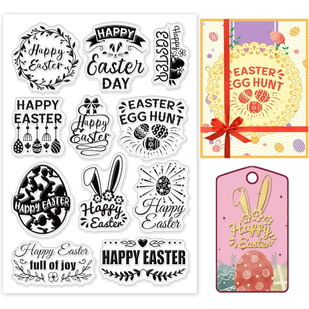 Easter Words Clear Stamps Happy Easter Silicone Stamps Easter Egg Rubber Transparent Rubber Seal Stamps for Card Making DIY