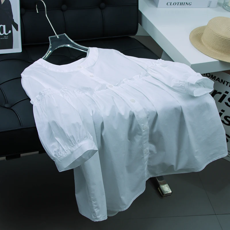 

New Cotton White Babydoll Blouse for Women Loose Slim Fit Short Sleeve Ruffle Shirt Sweet and Versatile Top