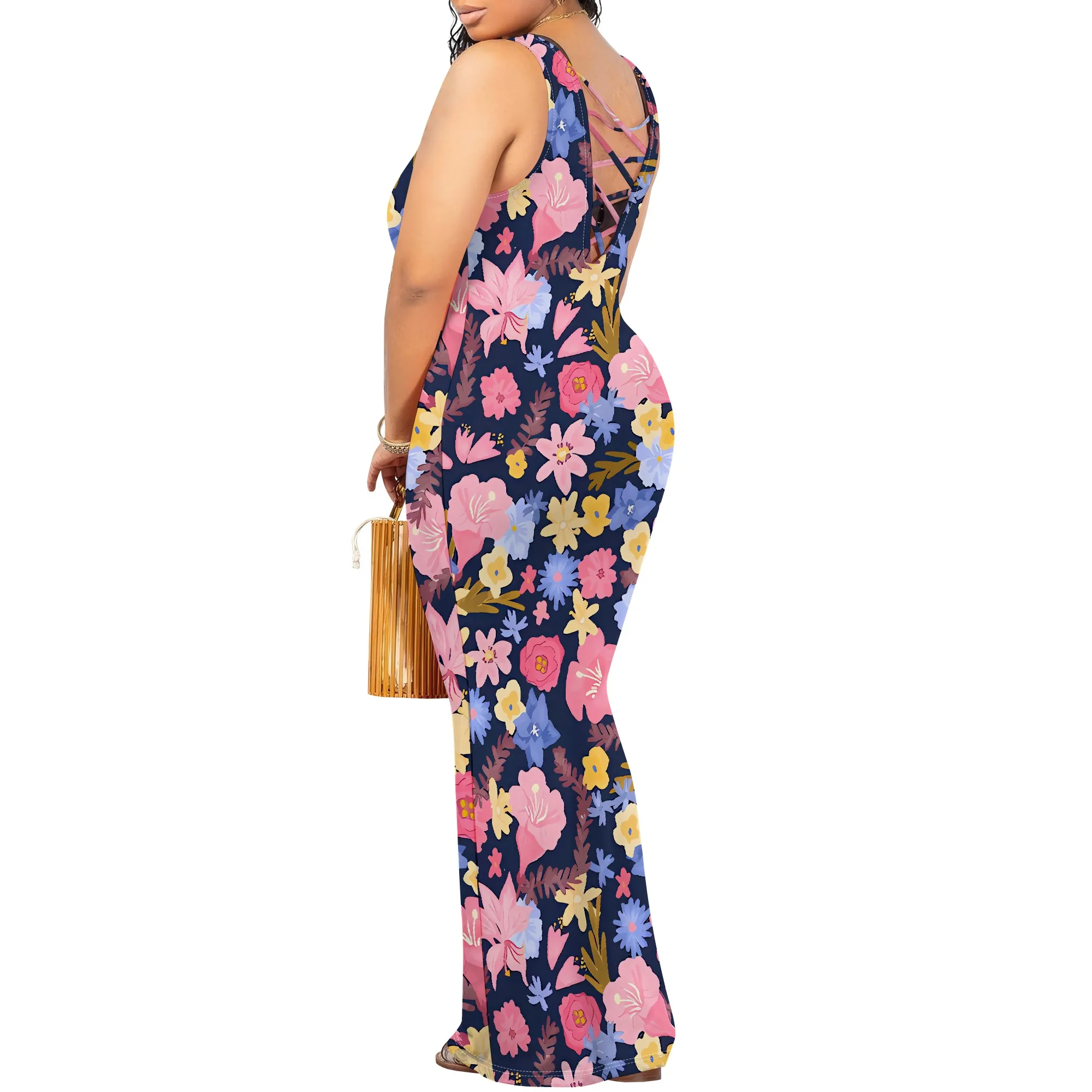 Gaun selutut tanpa lengan musim semi dan musim panas 2025 wanita dengan pullover berongga, gaun kasual pantai bermotif kupu-kupu