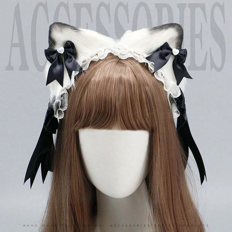 Bow Cat Ears Hair Clips Hairband Anime Lolita JK Cute Girls Cosplay Accessory Animal Beast Wolf Fox Ears Hairpins Women Headband