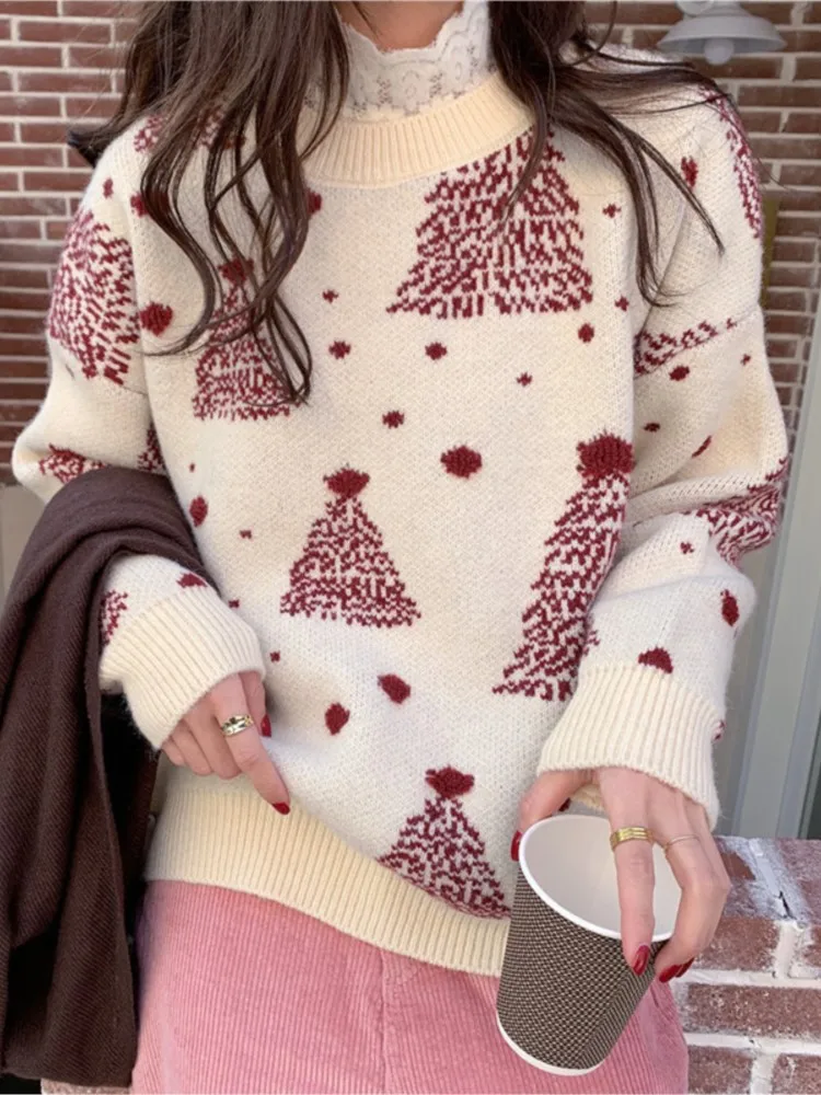 Ugly Christmas Snowflake Print Knitted Sweater Women Autumn Winter 2024 New Fashion Loose O-neck Long Sleeve Pullovers Jumper