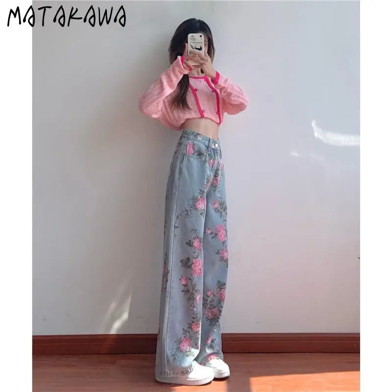 MATAKAWA Baggy Jeans Korean Fashion High Waist Slim Vintage Print Loose Straight Women\'s Pants Y2k Elegant Wide Leg Vaqueros