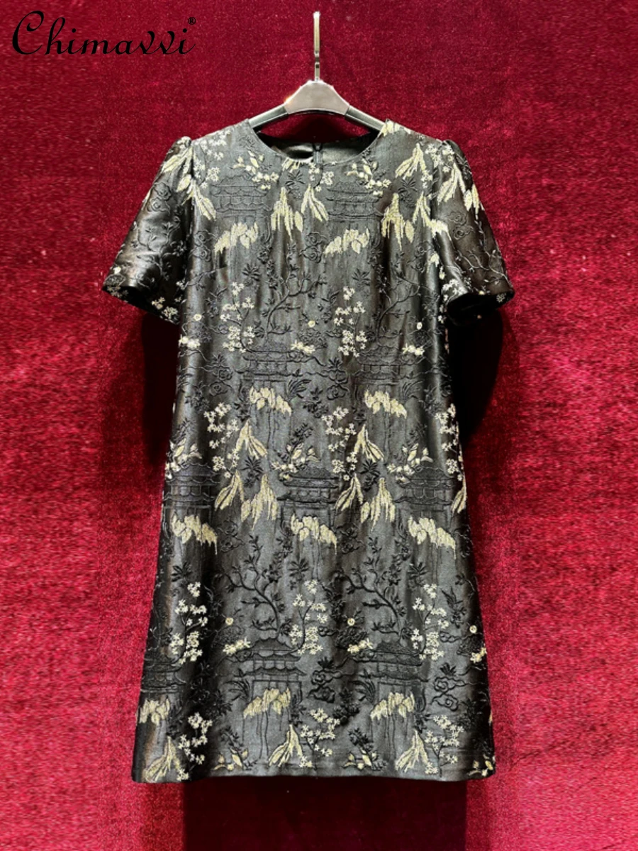 

French High-End Embroidery Acetate Rayon Short Sleeve Dress Chinese Style Above Knee Dress Women's 2024 Summer Dresses New