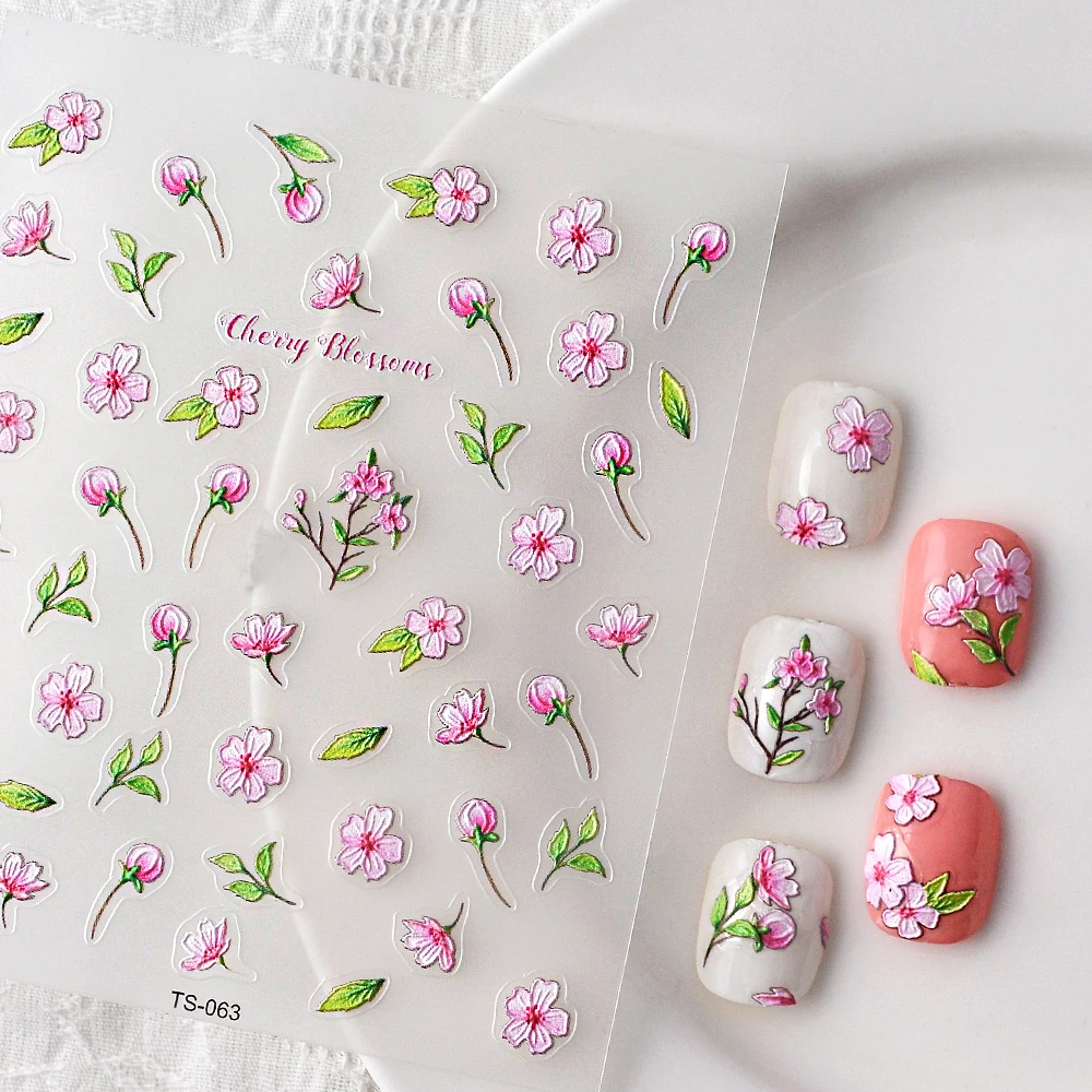 Flores de cerezo 5D pegatinas de uñas deslizantes para esmalte de manicura calcomanías cinta de uñas