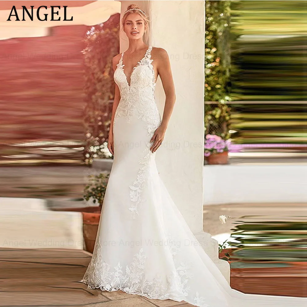 ANGEL Luxuriöses maßgeschneidertes Brautkleid mit V-Ausschnitt, ärmellos, Boho-Meerjungfrau-Hochzeitskleid für Frauen, Spitzenapplikation, offener Rücken, bodenlang