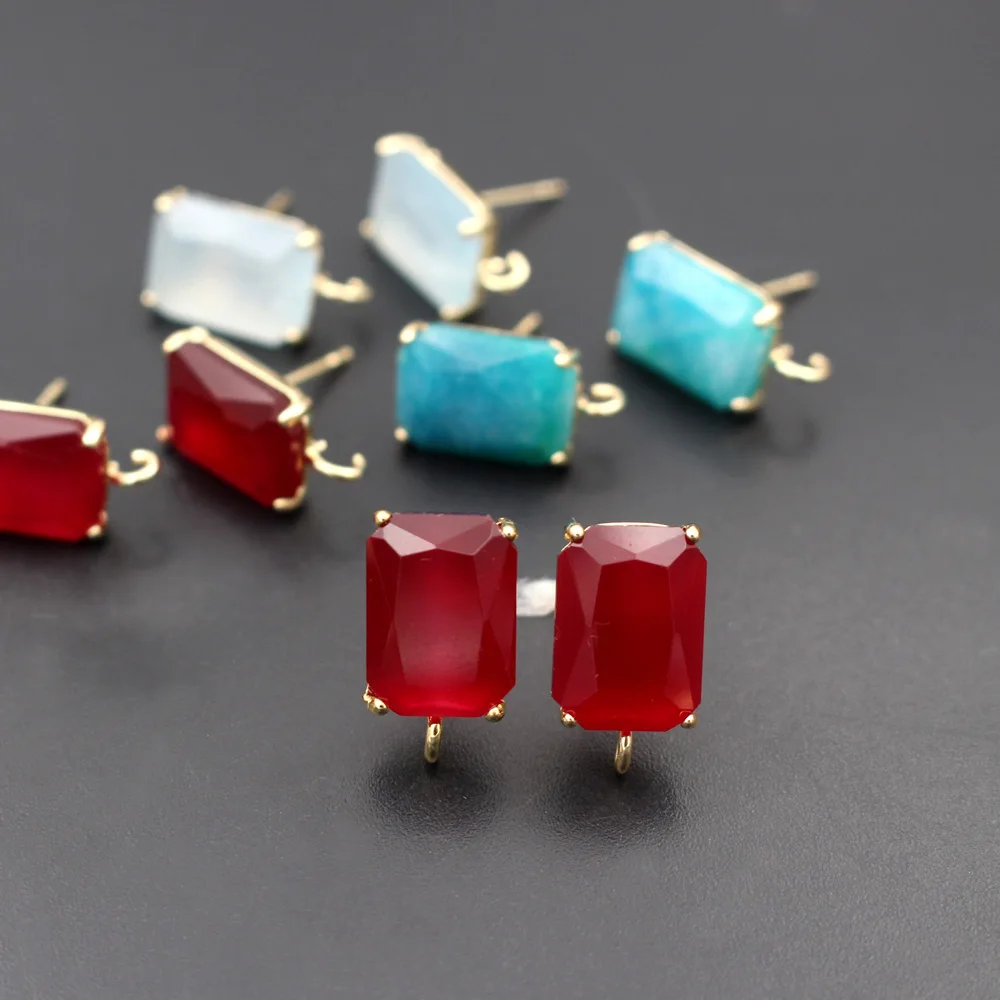 

6pair Gold Plated Rectangle Ear Posts Studs Red Blue Jade Stone Earrings Linker Connectors Women DIY Jewelry Accessories