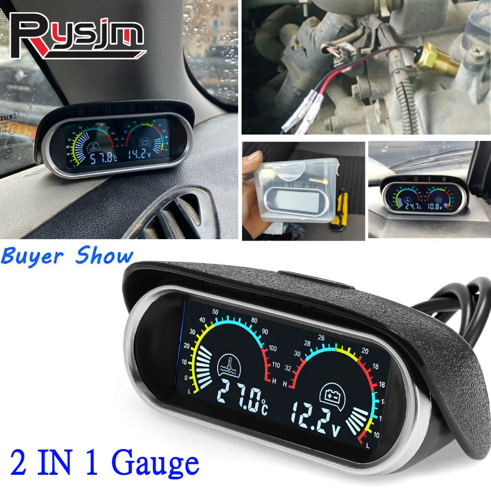 

2 in 1 Digital LCD Car Gauges Water Temperature Gauge with 10mm sensor+Voltmeter Voltage Gauges for 12V 24V cars trucks Diesel