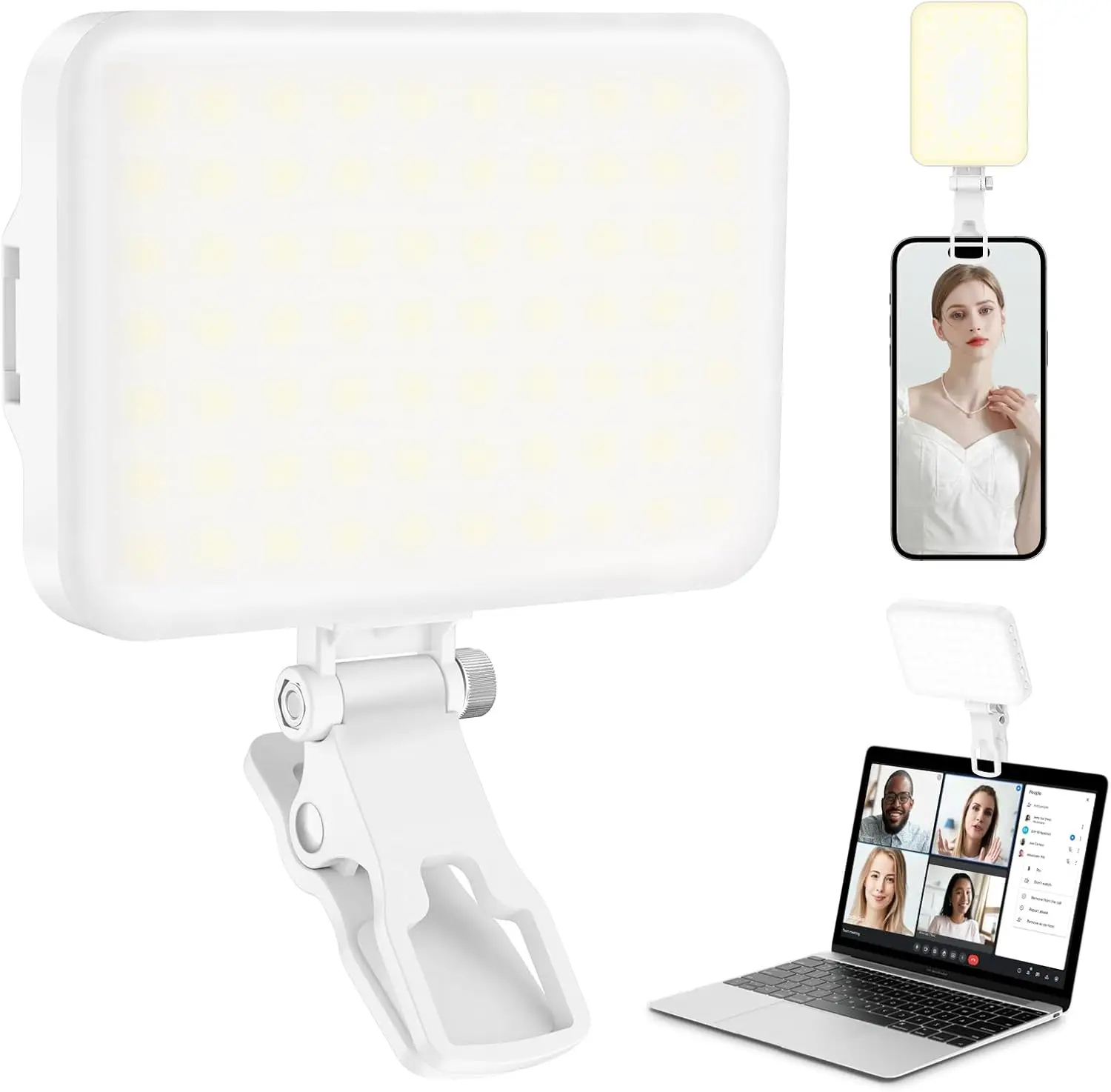 

60 LED Portable Selfie Light with Clip, Tripod Adapter, Rechargeable Battery, 9 Modes for Phone Webcam Laptop