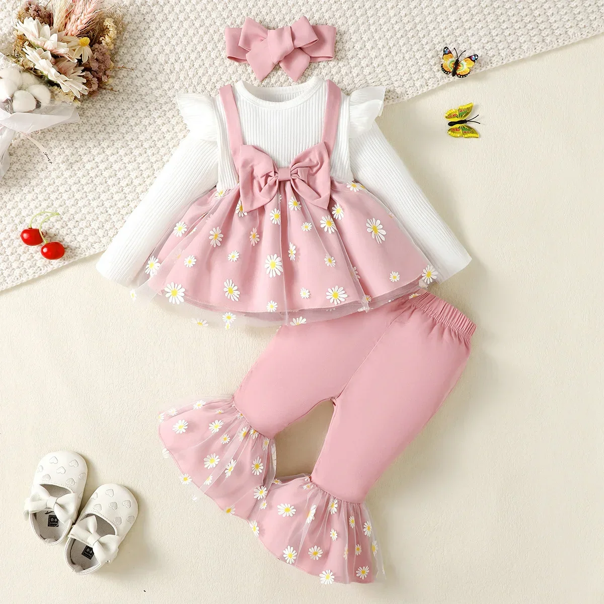 Newborn Baby Girls Clothing Set Infants Baby Girl Long Sleeved Bodysuit + Bow Tie Striped Pants + Headband 3PCS Baby Outfit