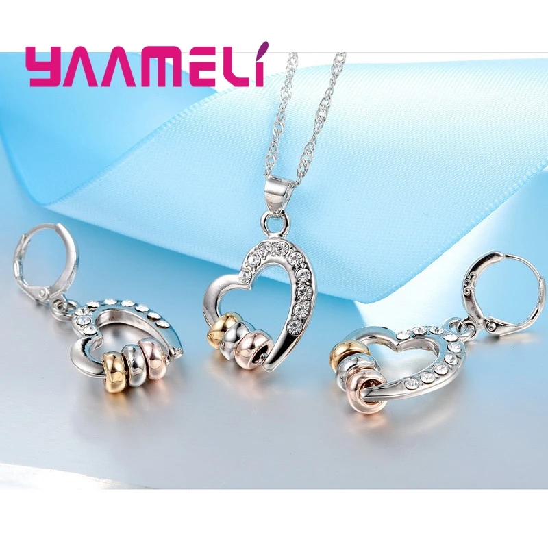 Elegant Christmas Gift Fine 925 Sterling Silver Hoop Earrings Pendant Necklace Sets Clear Shining Austrian Crystal Paved