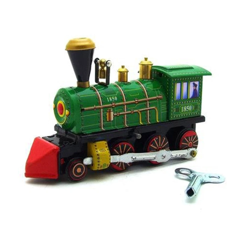 Kids Vintage Green Tinplate Train Clockwork Toys Boys Metal Train Mini Car Toy Vehicle Model Collection Home Desktop Decoration