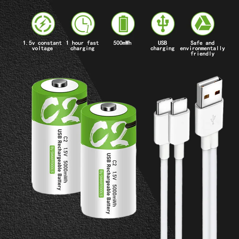 Baterías recargables USB 9V/C2/D1, batería de iones de litio de 1,5 V para batería de juguete eléctrica + Cable de cargador rápido tipo C, pilas recargables