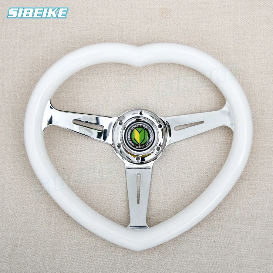 JDM White Heart Shaped Steering Wheel ABS Grip White Steel Chrome 3-Spoke Cute Anime Horn Button Steering Wheel