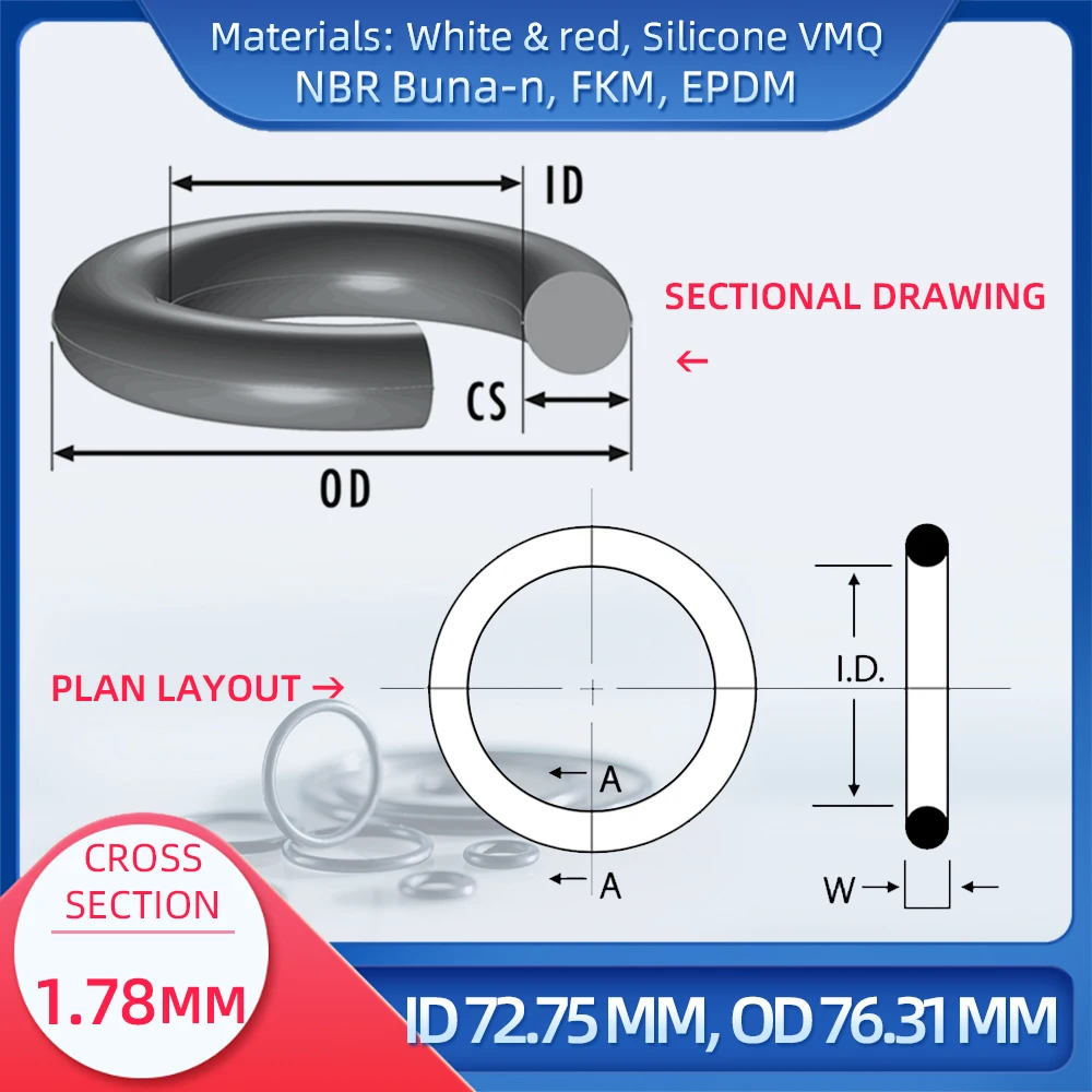 O Ring CS 1.78mm ID 72.75 mm OD 76.31 mm Material With Silicone VMQ NBR FKM EPDM ORing Seal Gaske