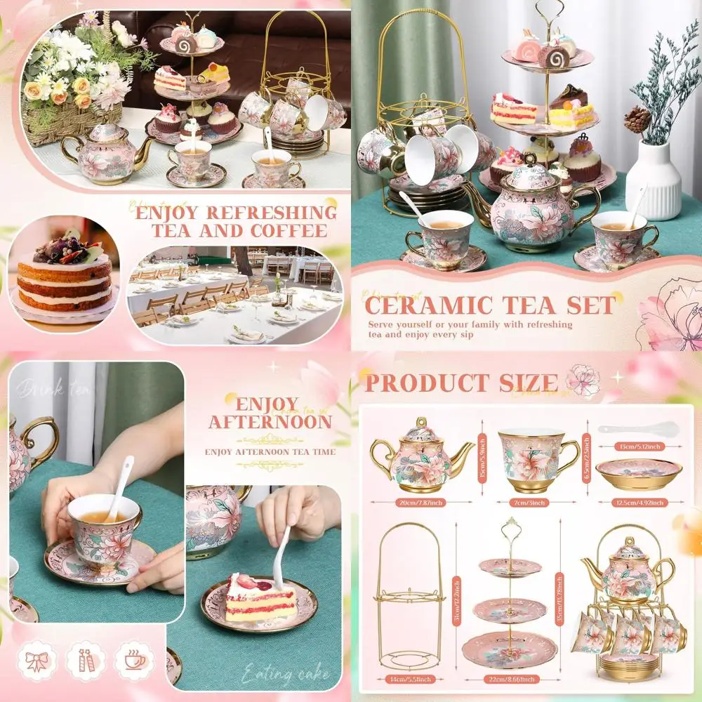 Juego de té de porcelana rosa de primavera con soporte de metal, soporte para magdalenas y 21 piezas para mujeres y niñas, fiestas de estilo europeo y nosotros