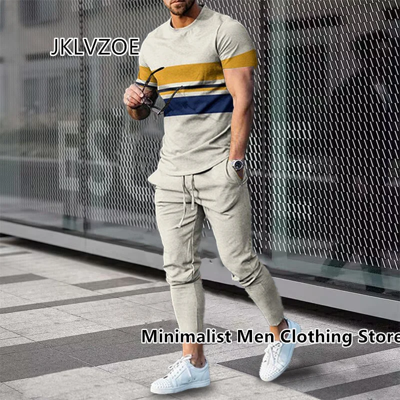 2 Piece Set Outfits Men\'s Trousers Tracksuit 3D Printed Summer Jogger Sportswear Short Sleeve T Shirt+Long Pants Street Clothes