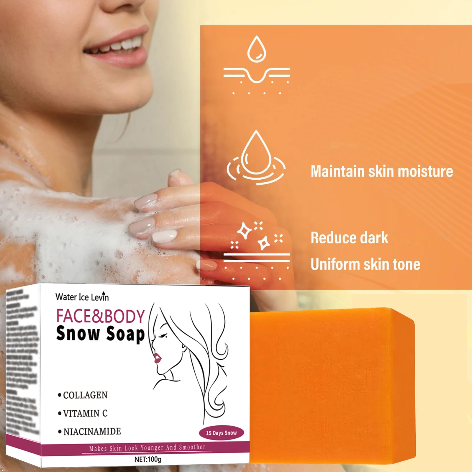 Sapone da neve Viso Corpo Tutta la pelle Collagene Vitamina C Niacinamide. Trasformazione della pelle di 43 giorni. Illumina, Ammorbidisce, Leviga.